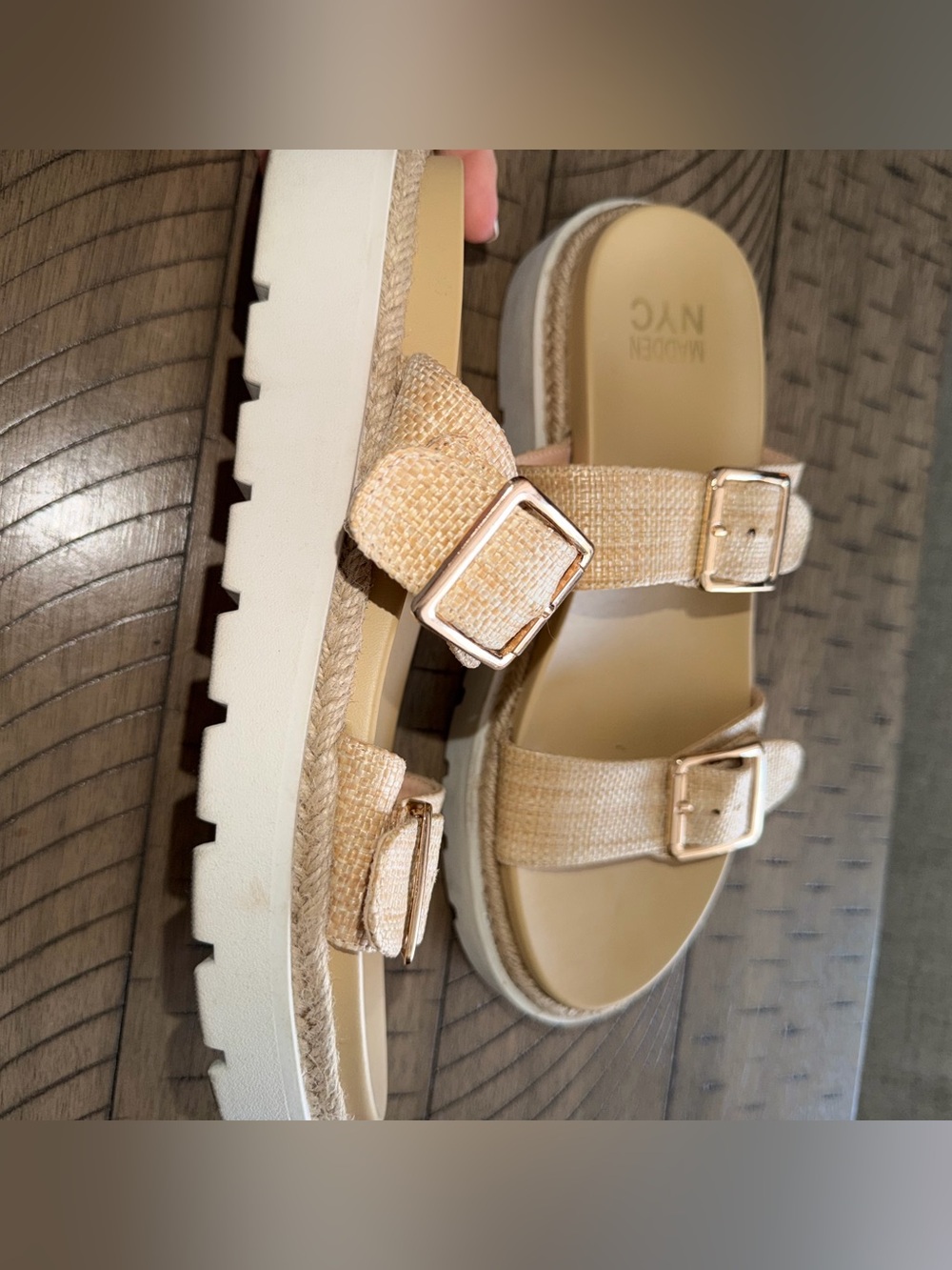 madden nyc beige woven double-buckle slide sandals